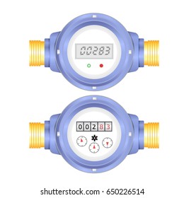 Realistic Electronic and analog water meter vector illustration. Sanitary equipment