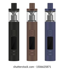 Realistic electronic cigarette concept. Box mod with a tank atomizer. 3 color options. Vector illustration EPS10.