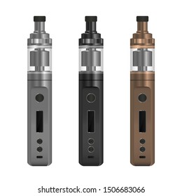 Realistic electronic cigarette concept. Box mod with a tank atomizer. 3 color options. Vector illustration EPS10.