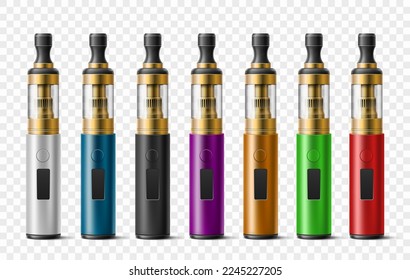 Realistic electronic cigarettes. Different colors vaporizers, bright disposable smoking accessories, blank portable e-cigarette, colorful vape nicotine stick, 3d objects, utter vector set