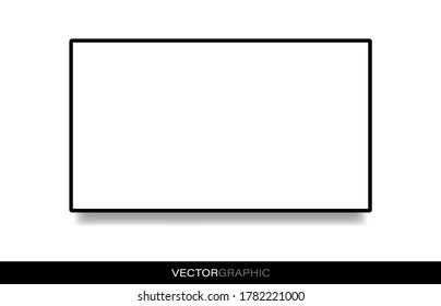Realistic electronic device template. Modern gadget isolated on white background. Hanging TV with off screen and with shadow on the wall. Vector illustration.
