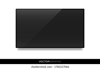 Plantilla de dispositivo electrónico realista. Aparcamiento moderno aislado en un fondo blanco. Televisión colgada con pantalla apagada y sombra en la pared. Ilustración vectorial.