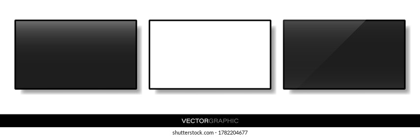 Plantillas de dispositivos electrónicos realistas. Aparatos modernos aislados de fondo blanco. Colgando TV con pantalla en blanco y negro con sombra en la pared. Ilustración vectorial.