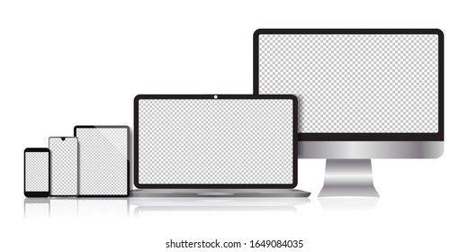 Realistic electronic devices - computer monitors, desktops, laptops, tablets, smartphones, mobile phones, telephones. Vector illustration element