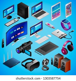 Realistic Electronic Devices, , Digital Gadgets, Pc, Tech In Isometry Isolated On Blue Background. Big Vector Set Of Isomectric Devices: Camera, Webcam, Smartphone, Laptop, Smartwatch, Virtual Glasses