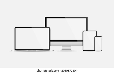 Aparatos electrónicos realistas muestran el juego de pantalla. Pantalla en blanco de PC, laptop, tablet y smartphone aislados. Ilustración del vector EPS 10