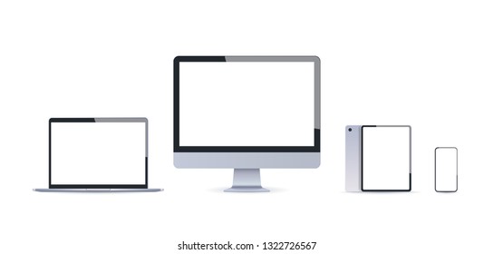 realistic electronic devices mockup set laptop monitor tablet and smartphone with empty blank screen digital technology concept white background horizontal