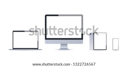 realistic electronic devices mockup set laptop monitor tablet and smartphone with empty blank screen digital technology concept white background horizontal