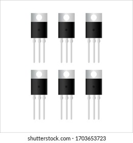 Realistisches elektronisches Transistorset. Ein Transistor ist ein Halbleiterbauelement, das zur Verstärkung oder Umschaltung elektronischer Signale und elektrischer Energie verwendet wird. Stockillustration für Vektorillustrationen auf weißem, isoliertem Hintergrund.