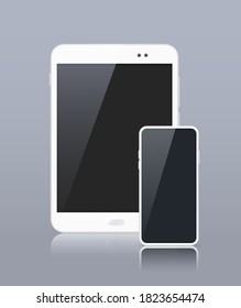 Dispositivos electrónicos blancos realistas en fondo gris. Tablet y Smartphone con pantalla vacía. Elementos vectores aislados