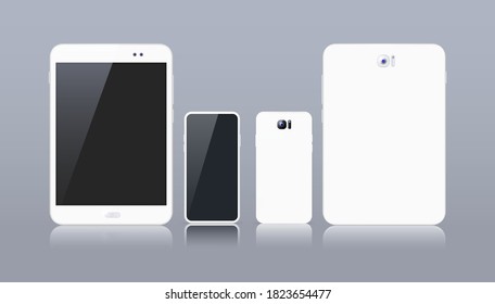 Dispositivos electrónicos blancos realistas en fondo gris. Tablet y Smartphone con pantalla vacía. Elementos vectores aislados