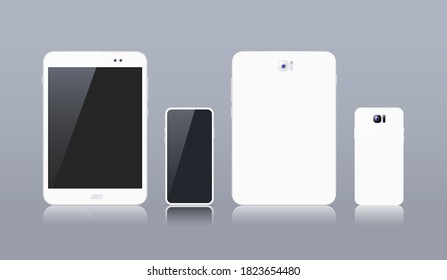 Realistic Electronic White Devices on Grey Background . Tablet and Smartphone with Empty Screen . Isolated Vector Elements