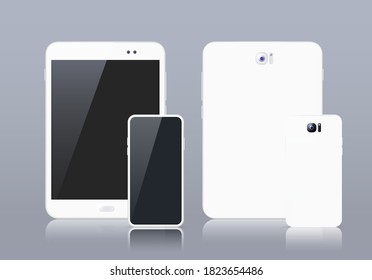 Realistic Electronic White Devices on Grey Background . Tablet and Smartphone with Empty Screen . Isolated Vector Elements