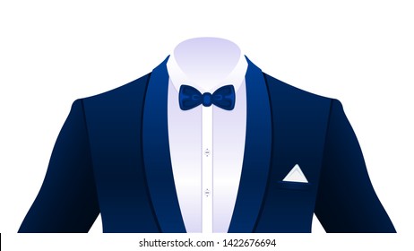 Realistic elegant dark blue tuxedo, suit with bowtie and in a white shirt isolated on white background. Vector Illustration