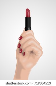 The realistic elegant female hand holds the lipstick. Vector illustration. The image for advertizing of cosmetic services, a make-up, beauty shops. Female wrist. Beautiful well-groomed hand.