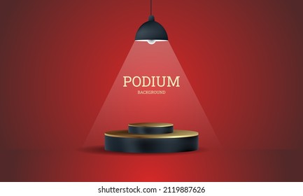 Realistic elegant luxury 3D black podium product display on red background with golden shine and spotlights for Product Promoting Sales, Marketing, Presentation, Showcase, Cosmetic, Pedestal Scene