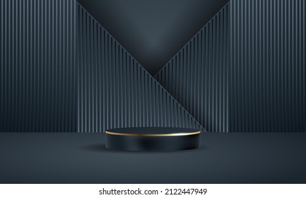 Realistic elegant luxury 3D rendering dark blue cylinder minimal scene geometric platform podium product display background with golden shine for Presentation, Showcase, Cosmetic, Pedestal Scene.