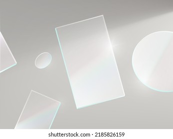 Círculo flotante mínimo realista y vidrio rectangular con reflexión de luz arco iris. vector