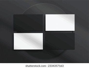 Realistic elegant and minimalist black and white blank business card mockup. 3D vector illustration. Windows shadow and leaves overlay on isolated background.