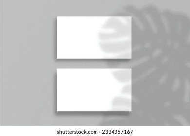 Realistic elegant and minimalist white blank business card mockup. 3D vector illustration. Windows shadow and leaves overlay on isolated background.