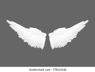 Realistic elegant white angel wings on grey background. Love, lightness, romantic, innocence and freedom symbol. Vector illustration. Photo booth props, stickers element.