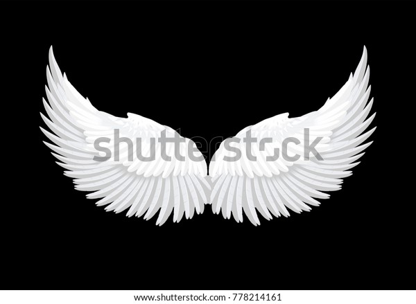 黒い背景にリアルなエレガントな白い天使の翼 愛 軽さ ロマンチック 無邪気 自由の象徴 ベクターイラスト フォトブースの小道具 ステッカーエレメント のベクター画像素材 ロイヤリティフリー