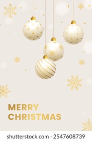 Realistic elegant white Christmas poster with Christmas balls and decorations