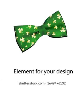 Realistic element for design. Green bow tie. Print for St. Patrick's Day. Clover or trefoil. Vector illustration isolated on a white background.