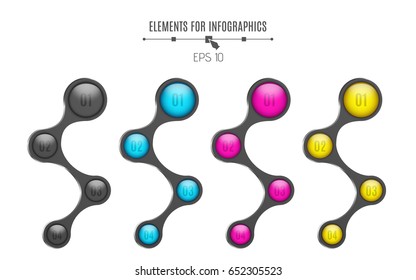 Realistic elements for infographics. Multicolored glossy balls. Option number. For your business project. 4 steps. A selection of metal elements. Vector illustration. EPS 10