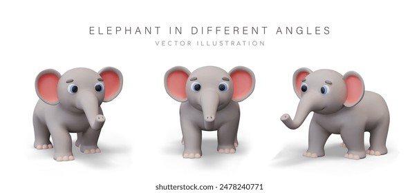Realistic elephant in children 3D style. Gray wild animal with trunk and big ears