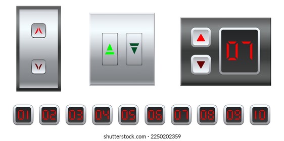 Realistic elevator buttons. Stage transportation. Navigation shiny numbers. Control panel. Moving levels. Stainless steel. Building hallway. Hall interior. Vector