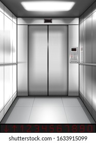 Realistic Elevator Cabin With Closed Doors Inside View. Empty Lift Interior With Chrome Metal Buttons And Digital Panel, Office, Hotel Or Dwelling Indoors Speedy Transportation 3d Vector Illustration