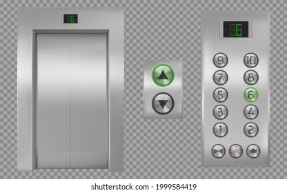 Cabina de ascensor realista con puertas cerradas, exterior de ascensor, panel con botones de metal cromado y pantalla digital muestra números de piso, flechas arriba o abajo aisladas en fondo transparente, conjunto de vector 3d