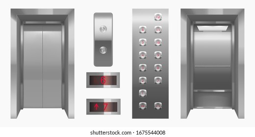 Realistic Elevator Cabin With Closed, Open Doors Inside View. Empty Lift Interior With Chrome Metal Buttons And Digital Panel, Office, Hotel Or Dwelling Indoors Transportation 3d Vector Illustration