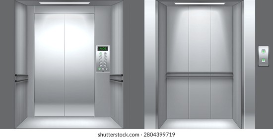 Realistic elevator cabin. Empty interior lift front and inside views. Chrome plated metal closed doors. Lobby steel entrance with buttons and electronic floor indicator panel. Vector sliding doorways