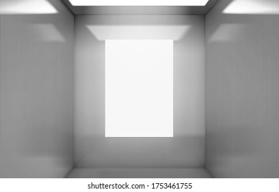 Realistic Elevator Cabin With Poster Mockup Inside View. Empty Lift Interior With Chrome Metal Walls And Illumination, Office, Hotel Or Dwelling Indoors Speedy Transportation, 3d Vector Illustration