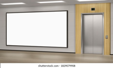 Realistic Elevator With Close Doors And Ad Poster Screen On Wall, Perspective View Mockup. Office Or Modern Hotel Hallway, Empty Lobby Interior With Lift And Blank Display, 3d Vector Illustration