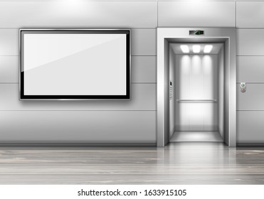 Realistic Elevator With Open Door And TV Screen On Wall In Office Or Modern Hotel Hallway, Empty Lobby Interior With Lift, Wooden Floor And Blank Display, Indoor Transportation 3d Vector Illustration