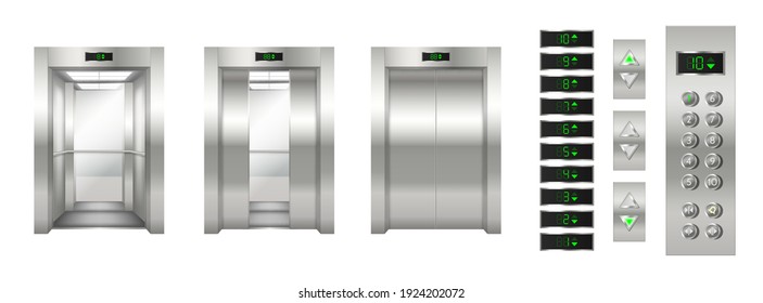 Realistic elevator set: open and closed chrome metal doors and button panel closeup. Modern passenger or cargo elevator cabin. 3d vector illustration