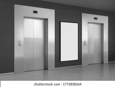 Realistic elevators with close doors and ad poster screen on wall, perspective view mockup. Office or modern hotel hallway, empty lobby interior with lifts and blank display, 3d vector illustration