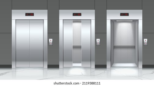 Realistic elevators and entrance doors. Metal passenger lifts. Slightly, opened and closed doorways. Building hallway interior. Marble floor and tiled wall. Vector lobby