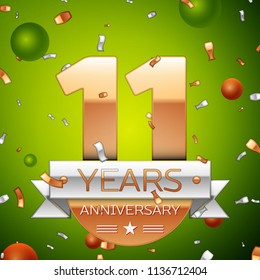 Realistic Eleven Years Anniversary Celebration design banner. Gold numbers and silver ribbon, balloons, confetti on green background. Colorful Vector template elements for your birthday party