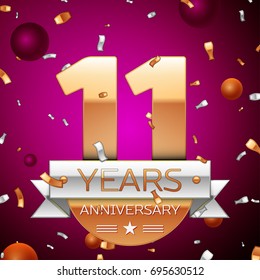 Realistic Eleven Years Anniversary Celebration Design. Golden numbers and silver ribbon, confetti on purple background. Colorful Vector template elements for your birthday party