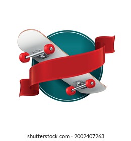 Realistic emblem with round shape red ribbon and skateboard vector illustration