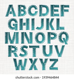 Realistic embroidery lettering alphabet font for decoration and covering. Isolated letters in stitch and fabric design.