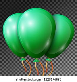 Realistic Emerald Balloons with ribbons isolated on transparent background. Vector illustration of shiny colorful glossy balloons for Birthday party