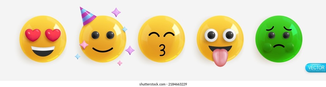 Realistic Emotion. 3d Render. Set Icon Smile Emoji. Vector yellow glossy emoticons.