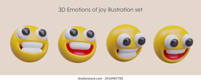 Realistic emotions of joy collection. Yellow emoticon collection in different positions. Concept of happiness, laughter, and smile. Vector illustration in 3d style with beige background