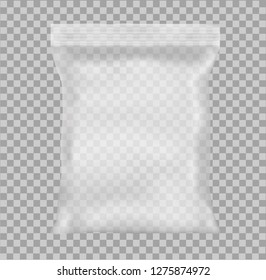 Realistic empty 3D package with zipper on transparent background. Mock up. Vector template for design, presentation, advertising, promo. EPS 10. Front view. Vertical.