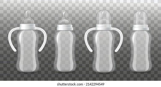 Botellas de bebé vacías realistas con y sin mangos y capucha, ilustraciones vectoriales aisladas en fondo transparente. 3.º conjunto de botellas para recién nacidos.